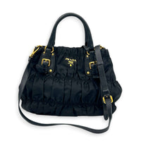Gaufre Black Top Handle Bag in Nylon, Gold hardware