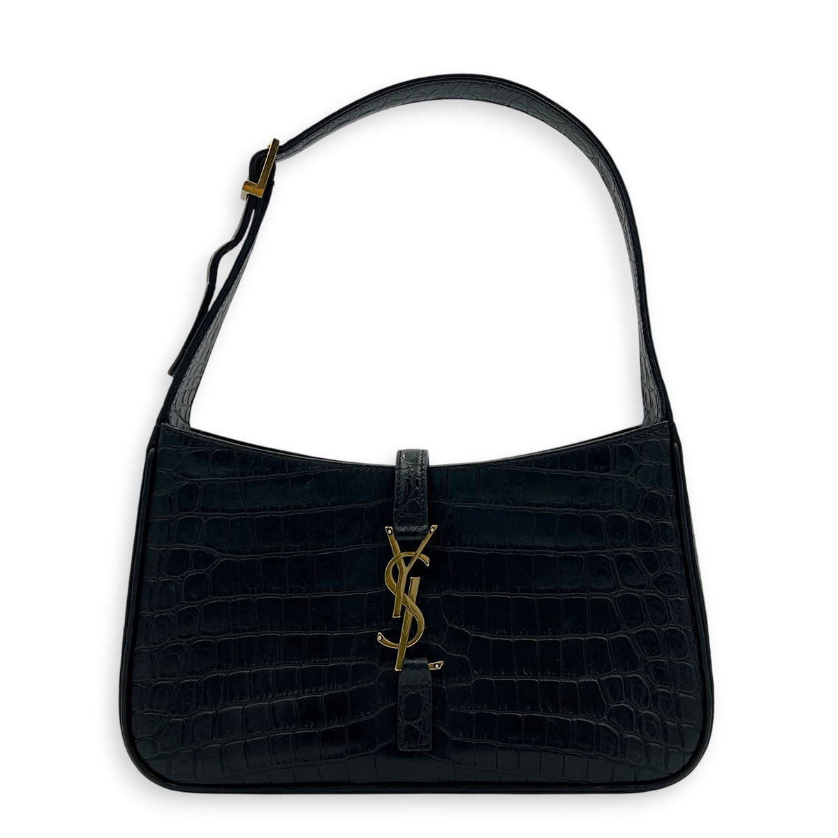 Le 5 A 7 Black Shoulder Bag in Crocodile Embossed Calfskin, Gold hardware