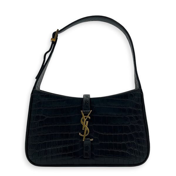 Le 5 A 7 Black Shoulder Bag in Crocodile Embossed Calfskin, Gold hardware