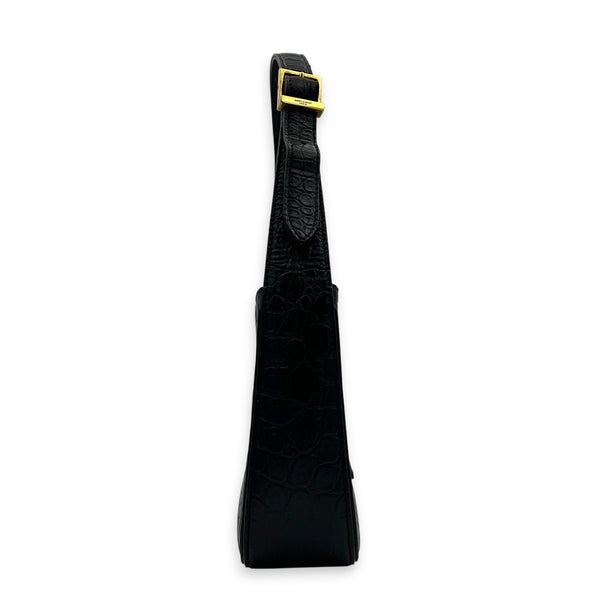Le 5 A 7 Black Shoulder Bag in Crocodile Embossed Calfskin, Gold hardware