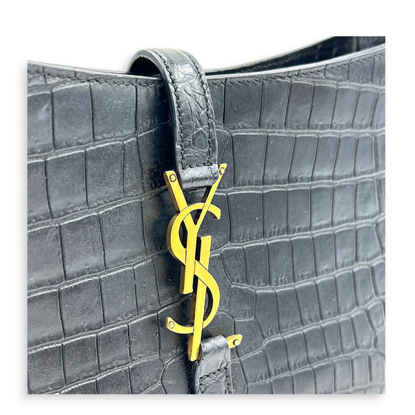 Le 5 A 7 Black Shoulder Bag in Crocodile Embossed Calfskin, Gold hardware