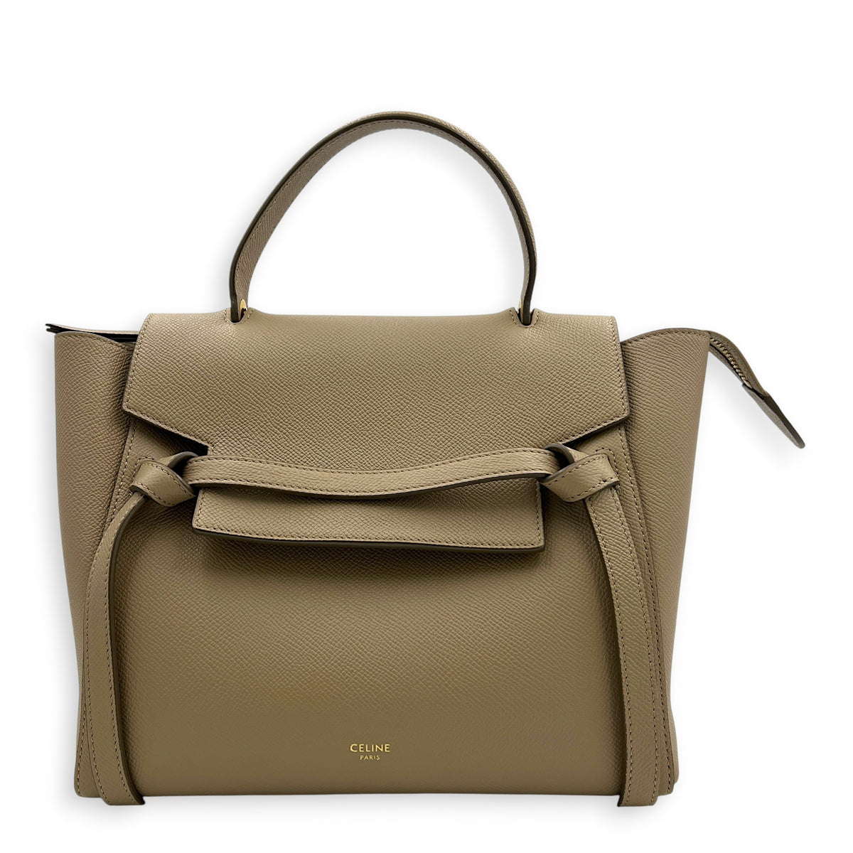 Belt Micro Light Taupe Top Handle Bag in Calfskin, Gold hardware