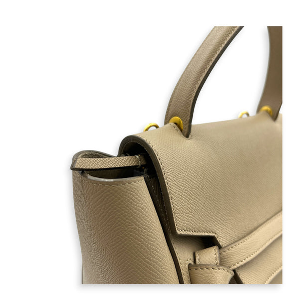 Belt Micro Light Taupe Top Handle Bag in Calfskin, Gold hardware
