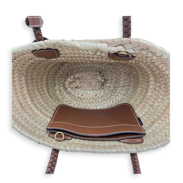Palmito Brown Top Handle Bag in Raffia, Gold hardware
