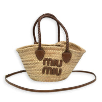 Palmito Brown Top Handle Bag in Raffia, Gold hardware
