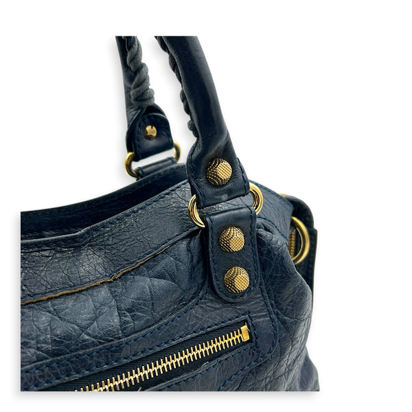 Town Blue Top Handle Bag in Calfskin, Gold hardware