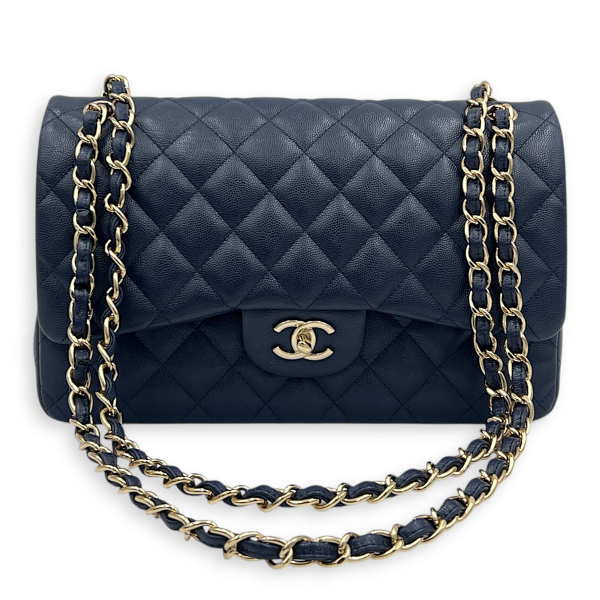 Classic Double Flap Shoulder Bag Jumbo Blue in Caviar Leather, Light Gold hardware