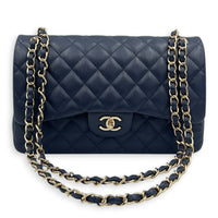 Classic Double Flap Shoulder Bag Jumbo Blue in Caviar Leather, Light Gold hardware