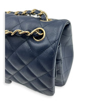 Classic Double Flap Shoulder Bag Jumbo Blue in Caviar Leather, Light Gold hardware