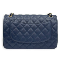 Classic Double Flap Shoulder Bag Jumbo Blue in Caviar Leather, Light Gold hardware