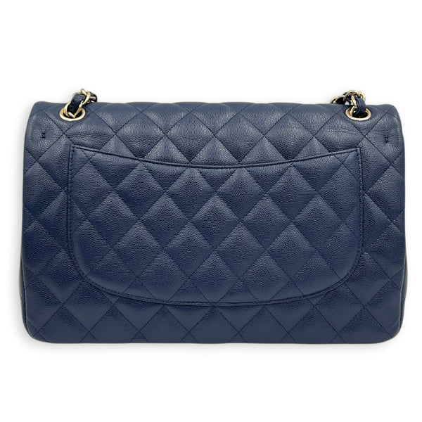 Classic Double Flap Shoulder Bag Jumbo Blue in Caviar Leather, Light Gold hardware