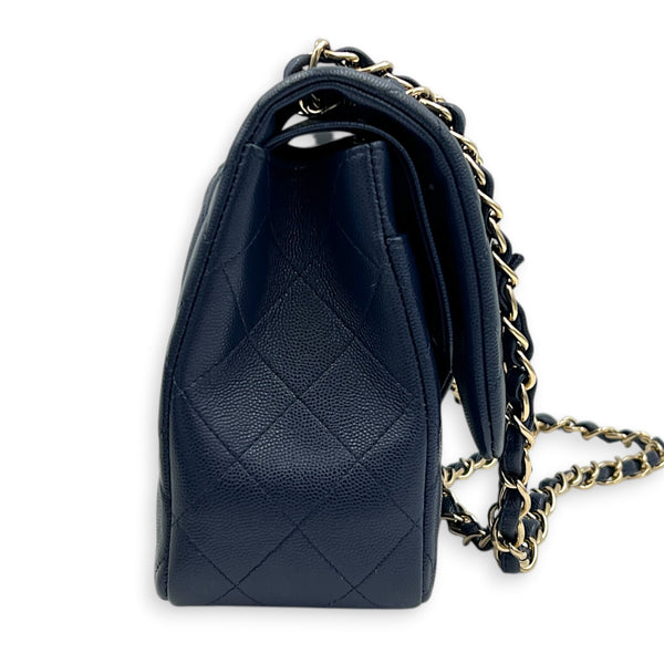 Classic Double Flap Shoulder Bag Jumbo Blue in Caviar Leather, Light Gold hardware