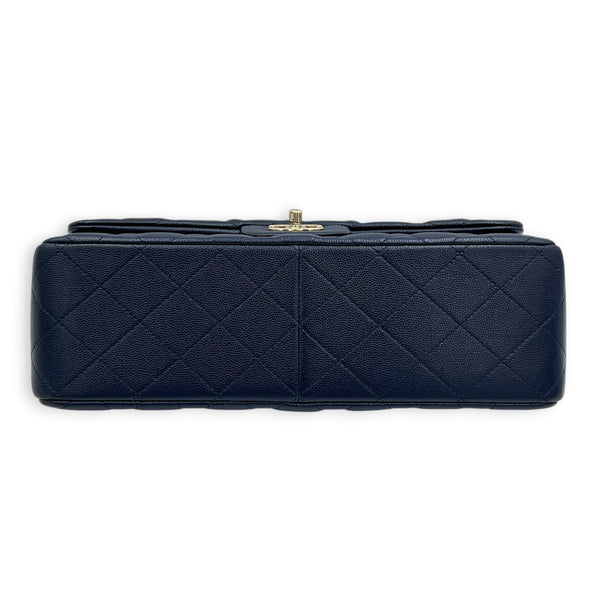 Classic Double Flap Shoulder Bag Jumbo Blue in Caviar Leather, Light Gold hardware