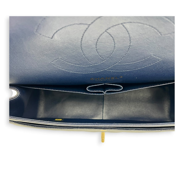 Classic Double Flap Shoulder Bag Jumbo Blue in Caviar Leather, Light Gold hardware