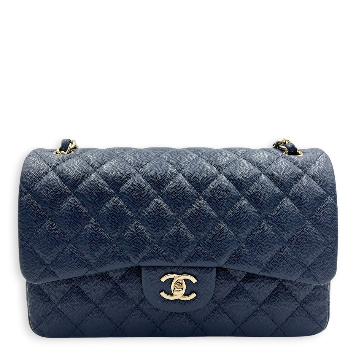 Classic Double Flap Shoulder Bag Jumbo Blue in Caviar Leather, Light Gold hardware