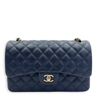 Classic Double Flap Shoulder Bag Jumbo Blue in Caviar Leather, Light Gold hardware