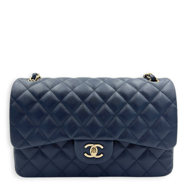 Classic Double Flap Shoulder Bag Jumbo Blue in Caviar Leather, Light Gold hardware