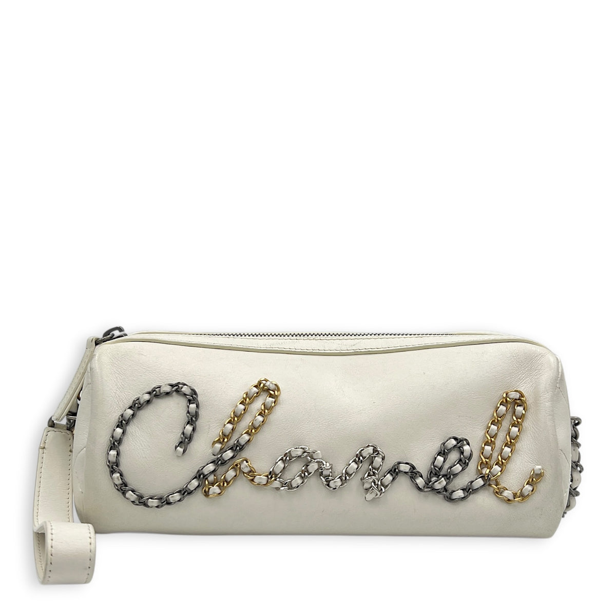 Chain 20s Signature Bowling White Shoulder Bag in Calfskin, Mixed hardware