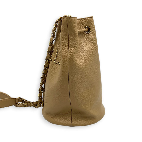 Deauville Beige Bucket Bag in Caviar Leather, Gold hardware