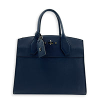 Steamer MM Blue Top Handle Bag in Calfskin, Silver hardware