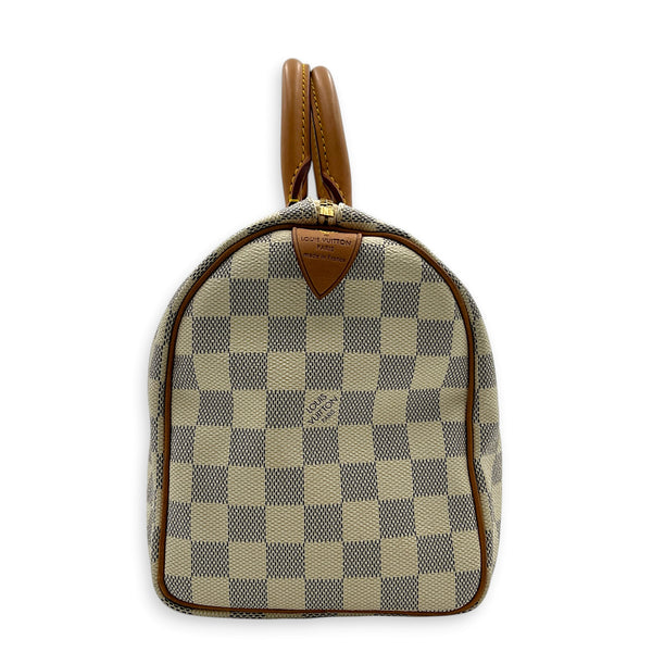 Speedy 25 Damier Azur Top Handle Bag in Coated Canvas, Gold hardware