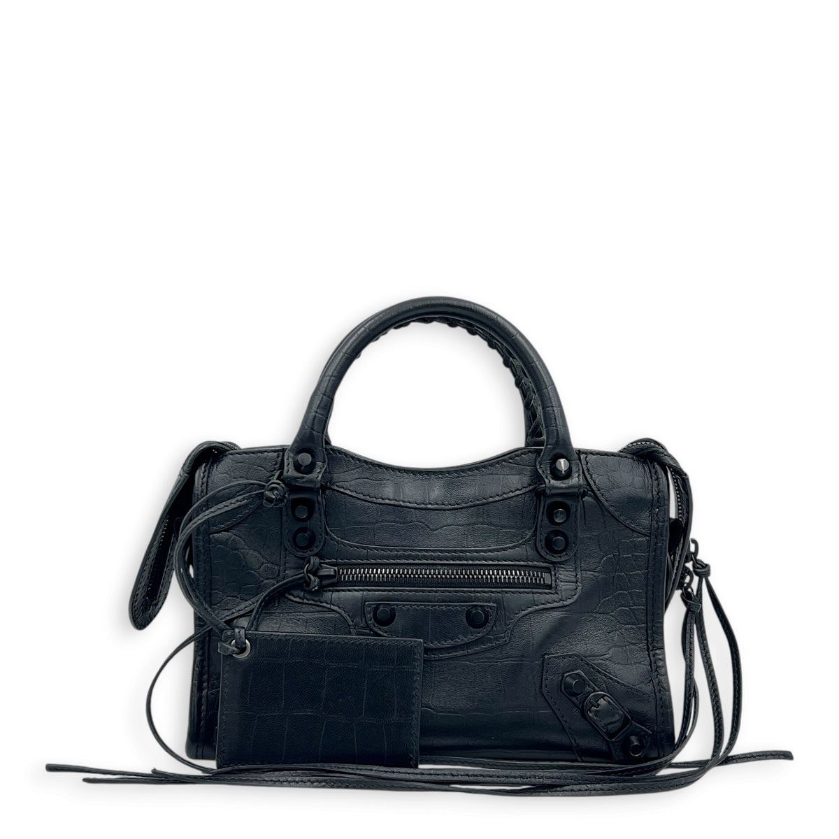 City Top Handle Bag Mini Black in Crocodile Embossed Calfskin, Monochrome hardware
