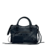 City Top Handle Bag Mini Black in Crocodile Embossed Calfskin, Monochrome hardware