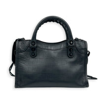 City Top Handle Bag Mini Black in Crocodile Embossed Calfskin, Monochrome hardware