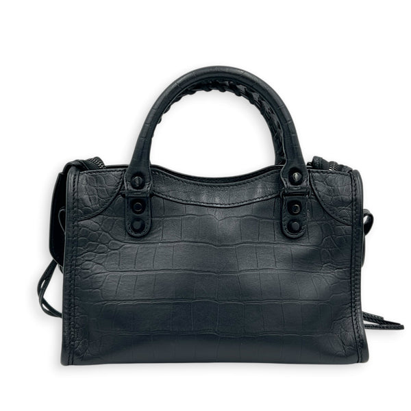 City Top Handle Bag Mini Black in Crocodile Embossed Calfskin, Monochrome hardware