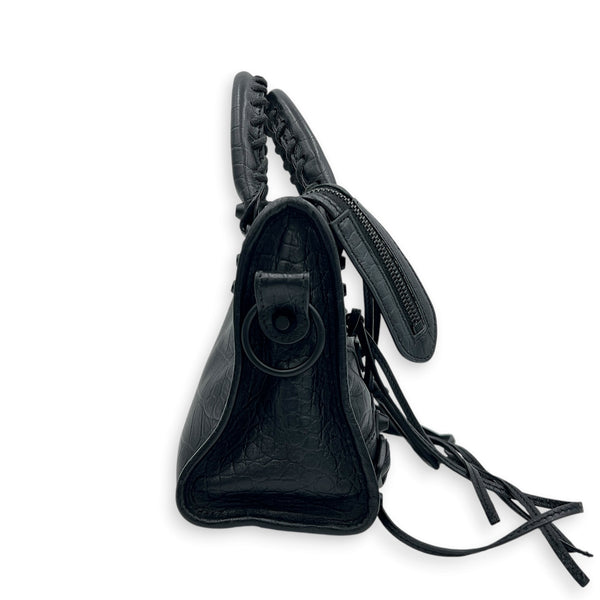 City Top Handle Bag Mini Black in Crocodile Embossed Calfskin, Monochrome hardware
