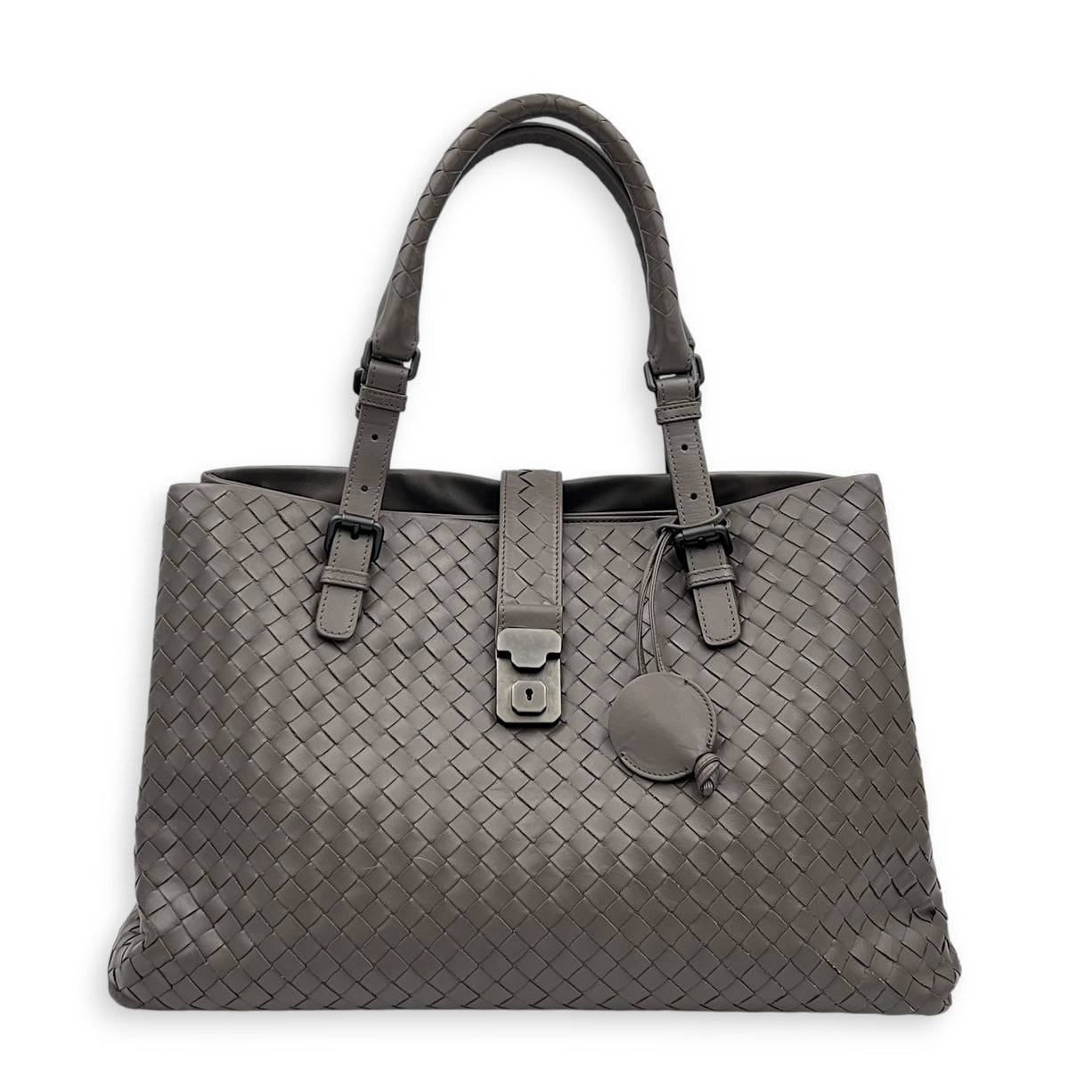 Roma Grey Tote Bag in Intrecciato Leather, Ruthenium hardware