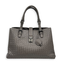 Roma Grey Tote Bag in Intrecciato Leather, Ruthenium hardware