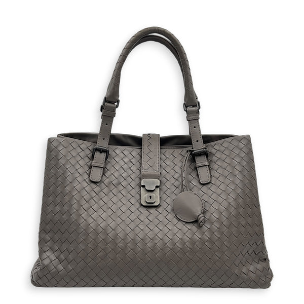 Roma Grey Tote Bag in Intrecciato Leather, Ruthenium hardware