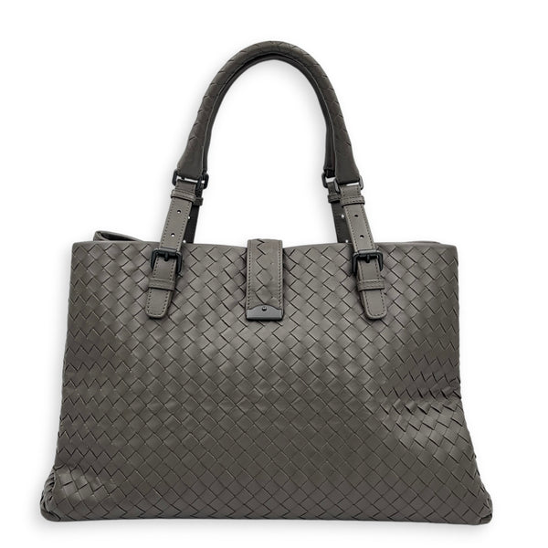 Roma Grey Tote Bag in Intrecciato Leather, Ruthenium hardware