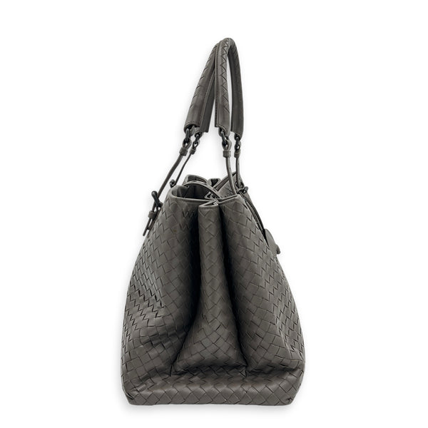 Roma Grey Tote Bag in Intrecciato Leather, Ruthenium hardware